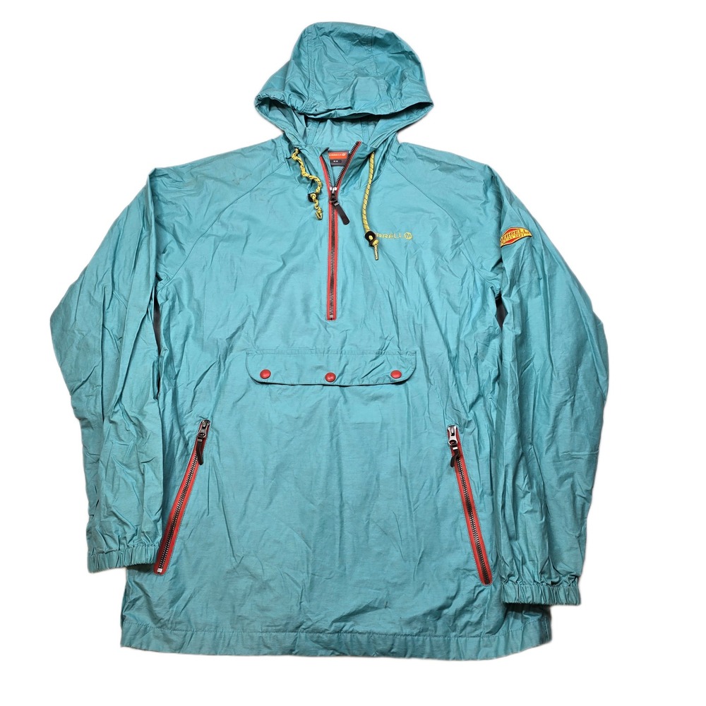 Merrell Pullover Anorak Jacket Mens Medium Hooded‎ Teal Orange Trim Origins 1981